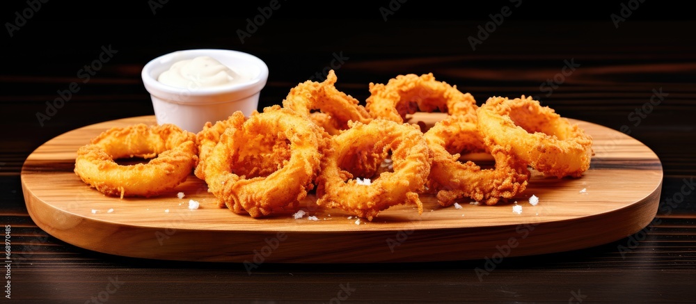 Sauce covered onion rings on a wooden surface