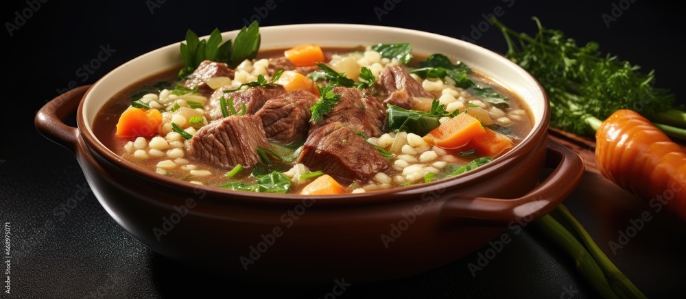 Hearty beef soup with seasonal root veggies