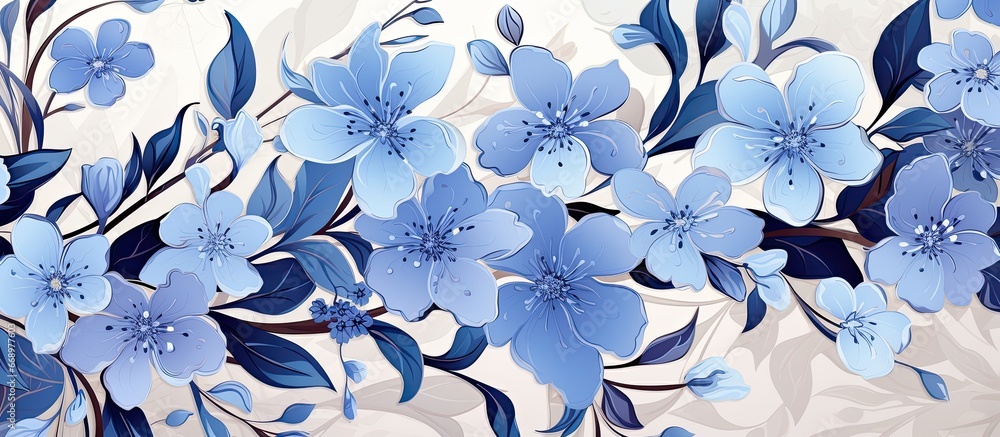 Blue decorative flowers in an ethnic Oriental seamless pattern