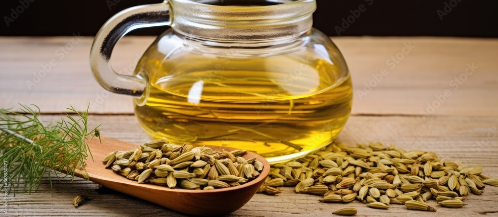 Fennel tea infusion in glass teapot with dried seeds on rustic table Alternative medicine concept