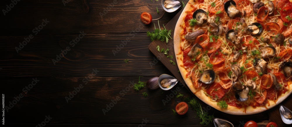 Seafood pizza with cheese on a wooden background fast food lunch for a picnic top down view