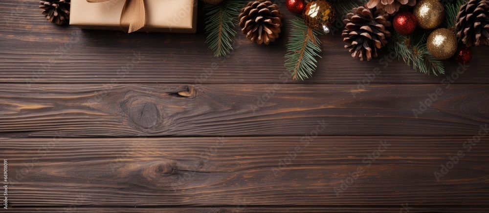 Christmas decoration with pine cones and gift on an aged wooden background