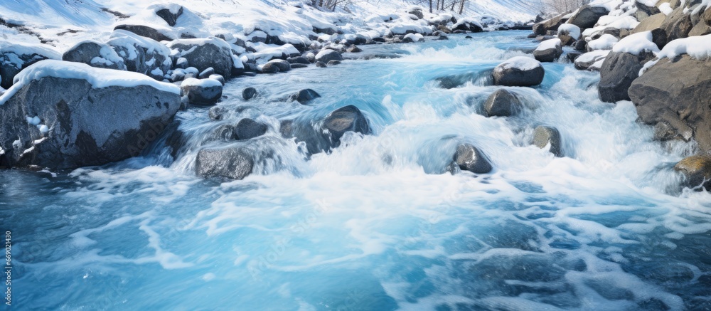 Fast flowing mountain stream with frigid water