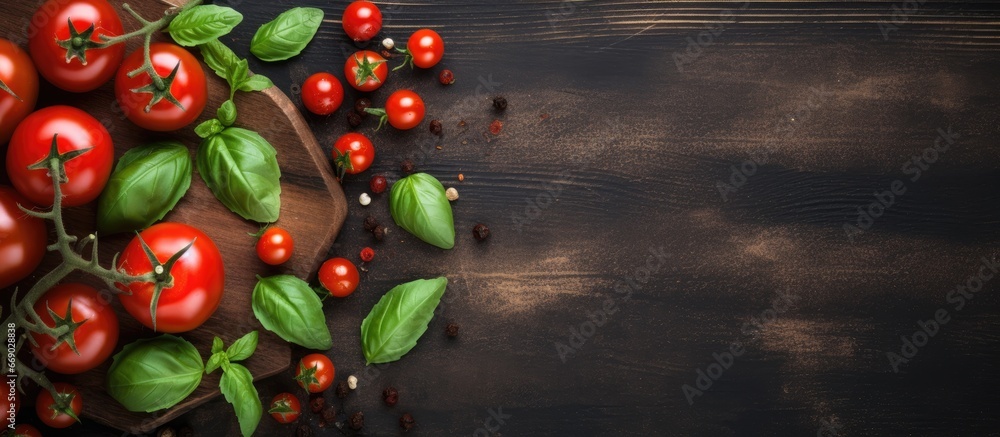 Top down view of cooking table with fresh garden tomatoes basil and recipe space