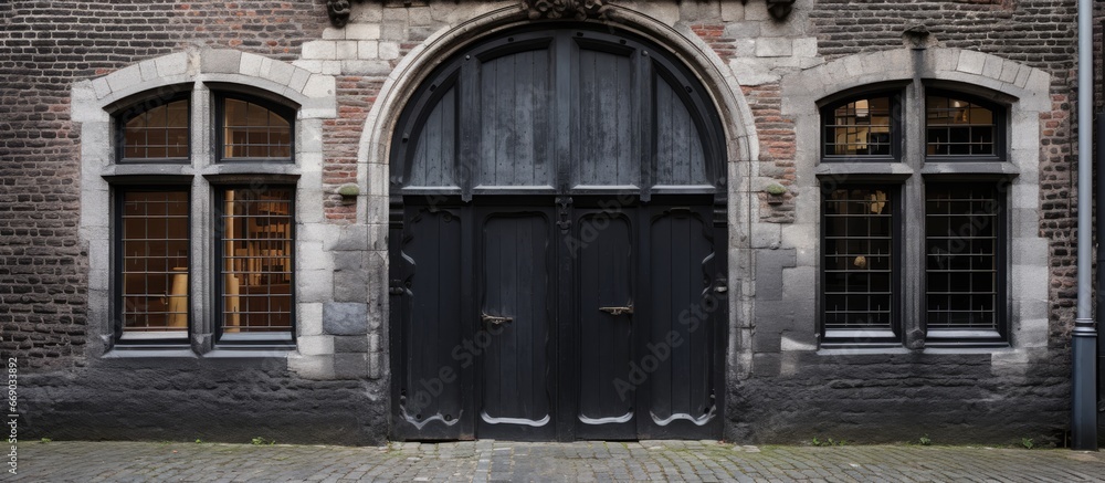 Black painted wooden chapel like door in the Bruges city center part of Gruuthuse museum s facade displaying stained glass windows