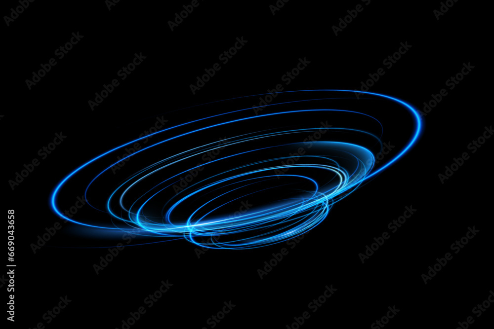 Magical fantasy portal. Round light frame, futuristic teleporter. lighting effect. Blue neon lights illuminate night scene with sequins on black background. Light effect of an empty podium