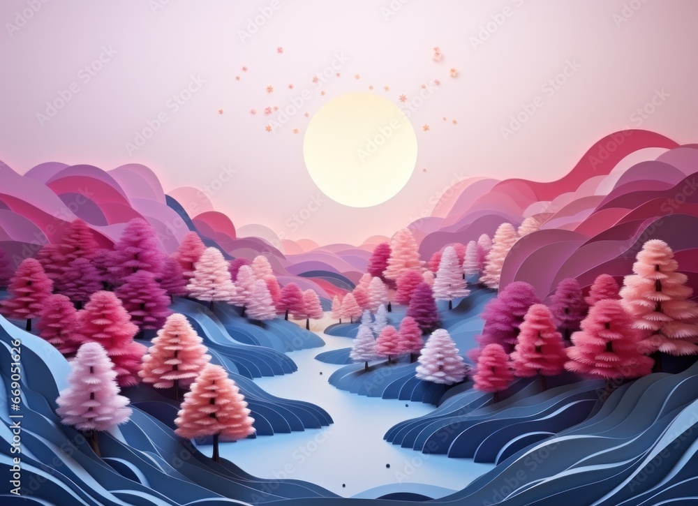 Abstract 3d landscape with the shadows of pink and blue trees