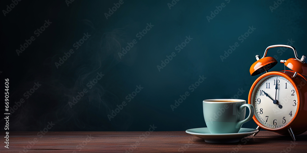 Vintage alarm clock and cup of coffee on the uniform dark backdrop with a copy space. Generative AI