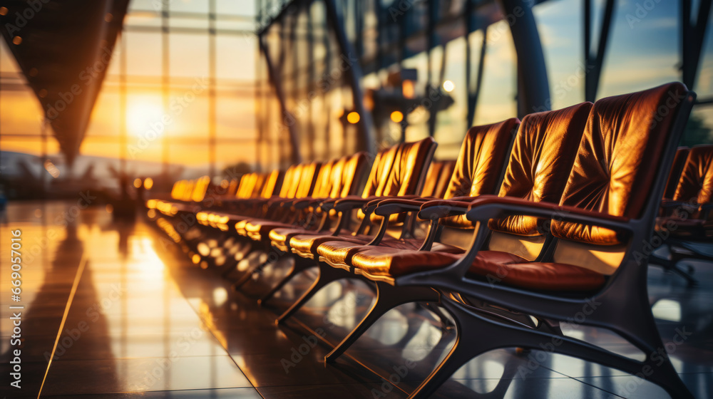 Empty chairs in the departure hall at airport with golden sunset rays. Travel, transportation concept. Generative AI