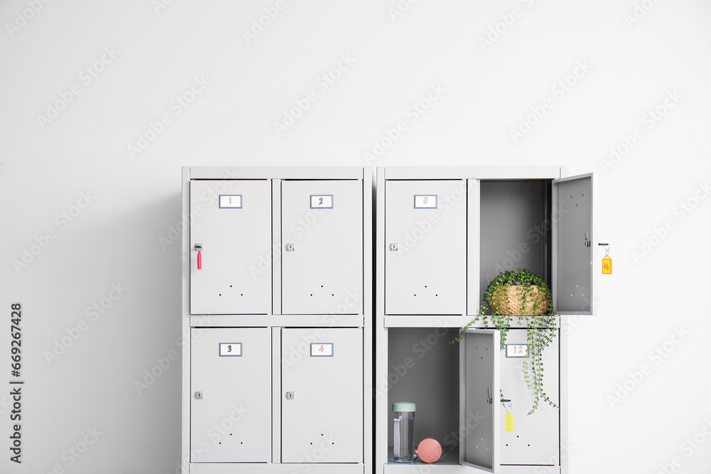 Modern locker with sports water bottles and plant near light wall