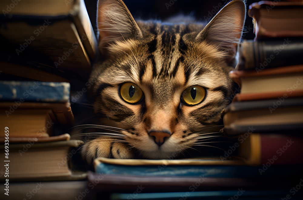 Cat peeking out of books