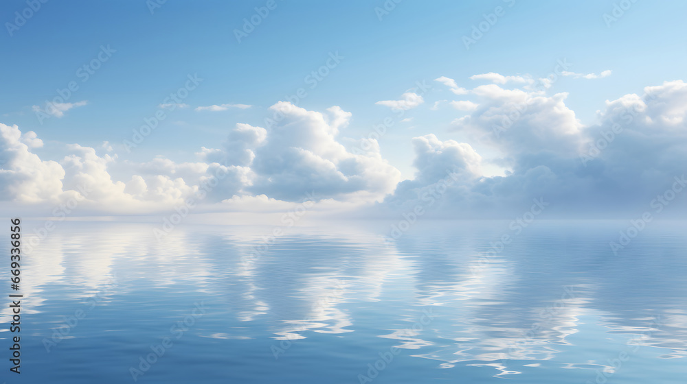 blue sky with clouds, Fluffy white clouds mirrored on the surface of a calm ocean