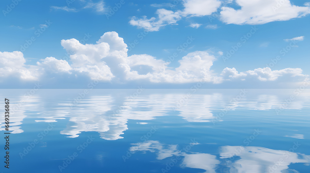 blue sky with clouds, Fluffy white clouds mirrored on the surface of a calm ocean