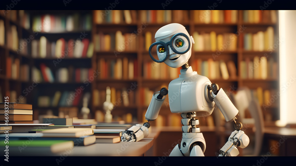 Librarian robot organizing and cataloging books in a vast library