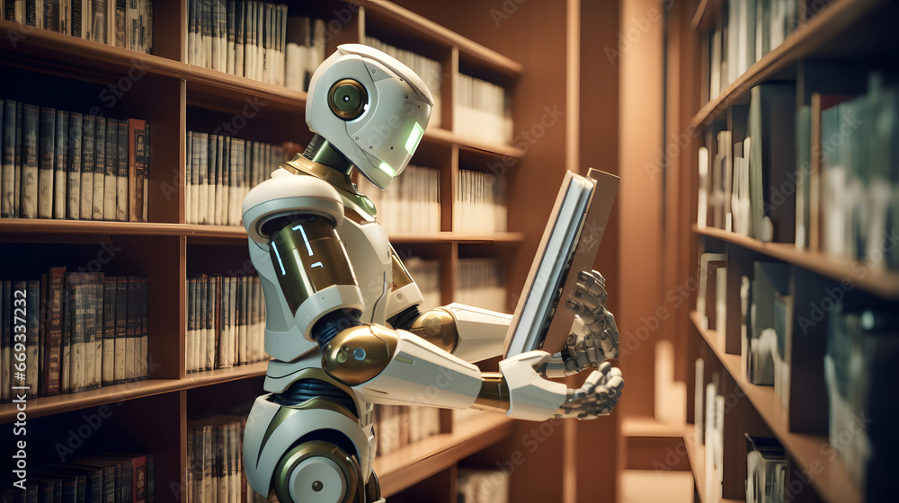 Librarian robot organizing and cataloging books in a vast library