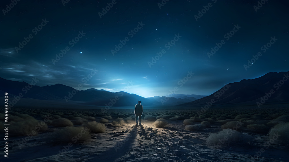 a vast and endless desert landscape at night, with a sky filled with countless stars and the Milky Way stretching across the horizon