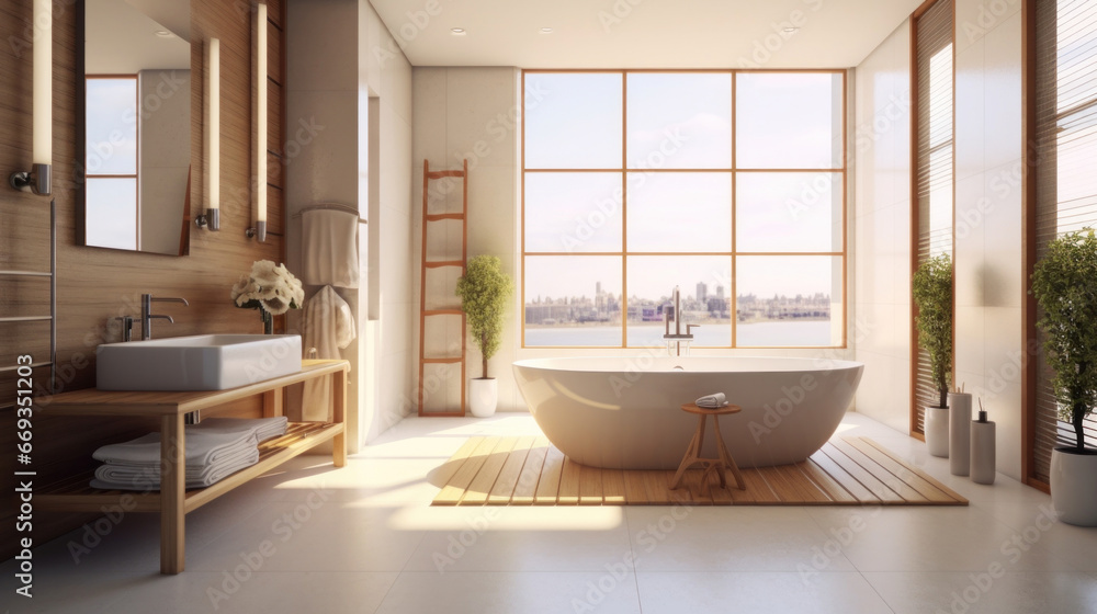 interior of modern bathroom with a shower area and bathtub.