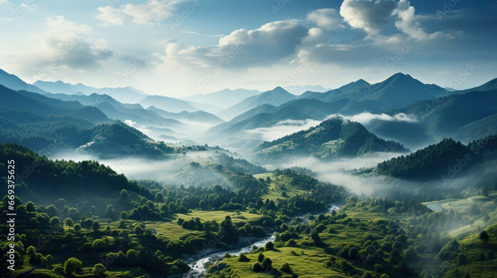 Mountain landscape with river and forest in fog