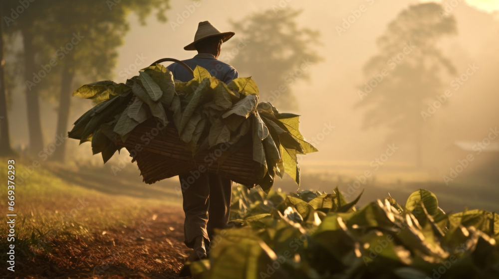 A farmer carrying the harvest of tobacco leaves in the harvest season.