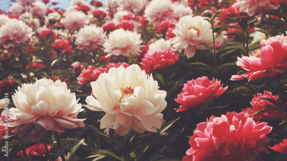 Beautiful peony flowers in the meadow