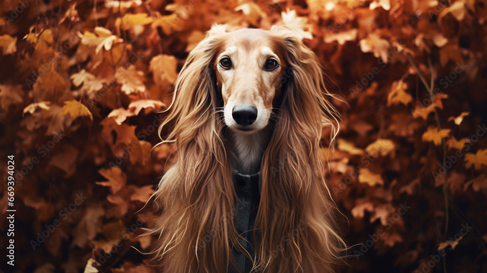 Saluki dog in a beautiful autumn garden