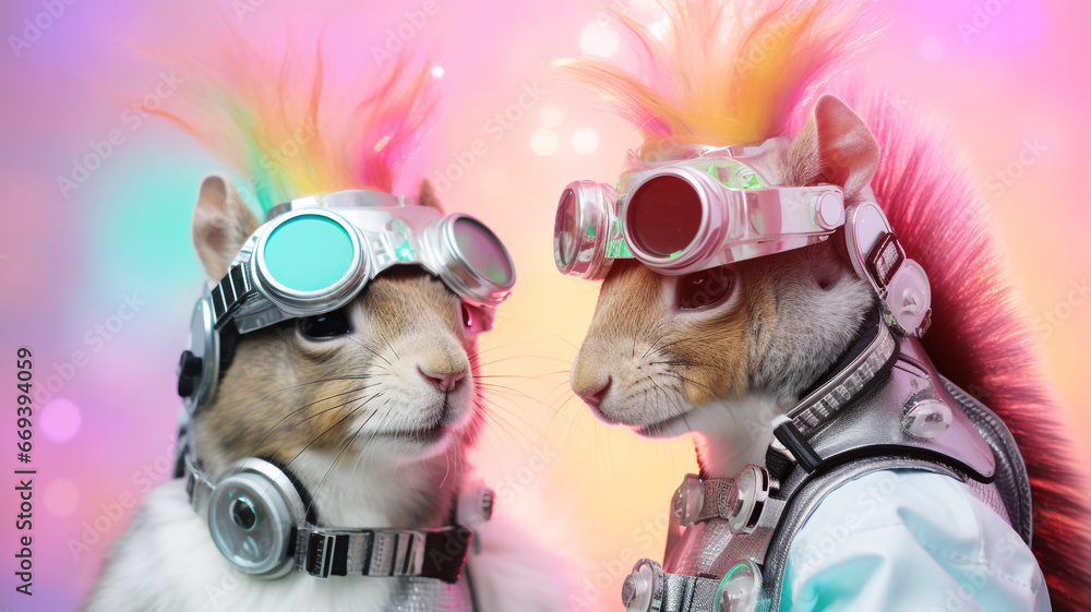 Futuristic cyber squirrels with fashionable clothes and accessories