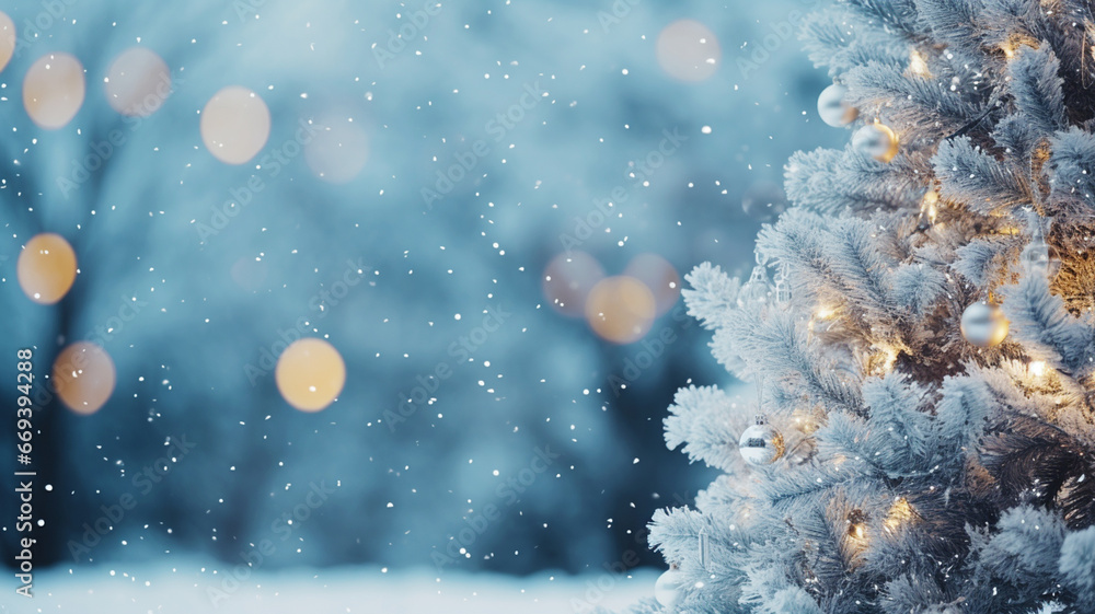 Christmas tree outside on a snowy night