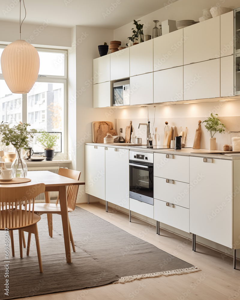 A luxury kitchen of a beautiful bright modern Scandinavian style, generative AI