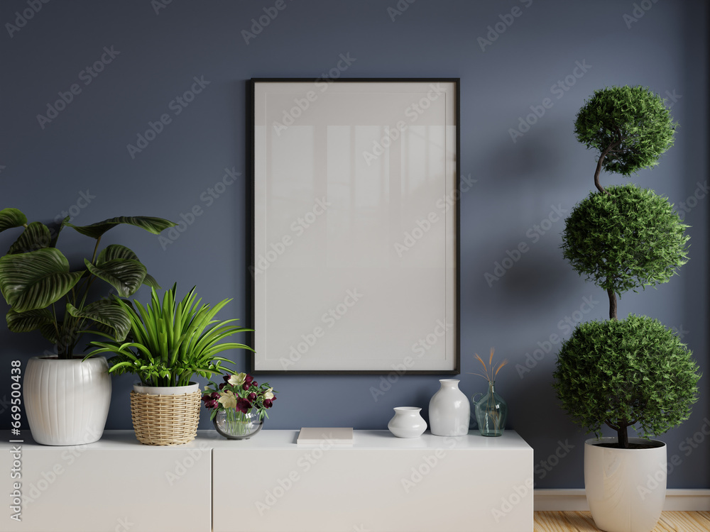 Poster mockup with wooden frame in home interior on blue wall background