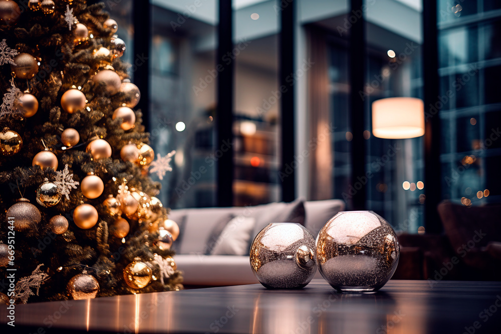 Christmas tree decorations in a city modern apartment