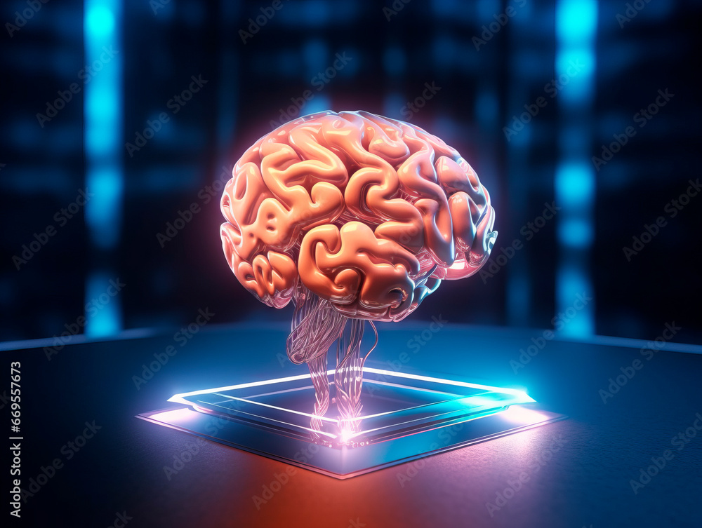 Human brain on a digital tablet. Artificial intelligence concept. Generative AI