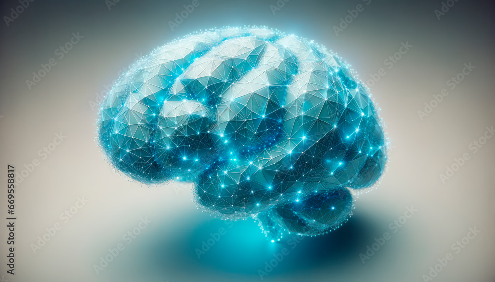 Low poly human brain on a blue background. Machine learning concept. Generative AI