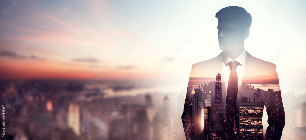 Double exposure of businessman and cityscape at sunset. Concept of success. Generative AI