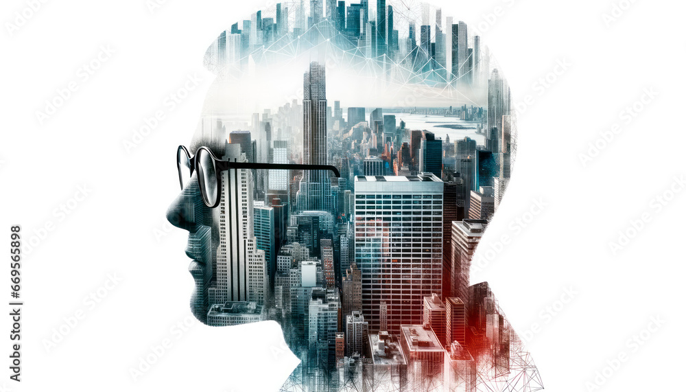 Double exposure of manager head and modern cityscape. Generative AI