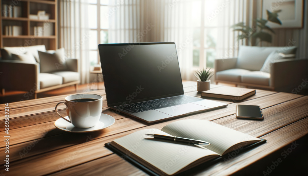 Workplace with laptop, coffee cup and other items on wooden table. Generative AI