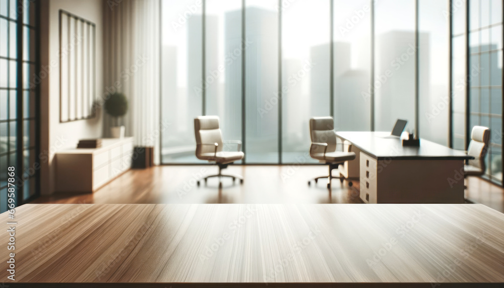 Wooden table top on blurred office interior background. Mock up. Generative AI