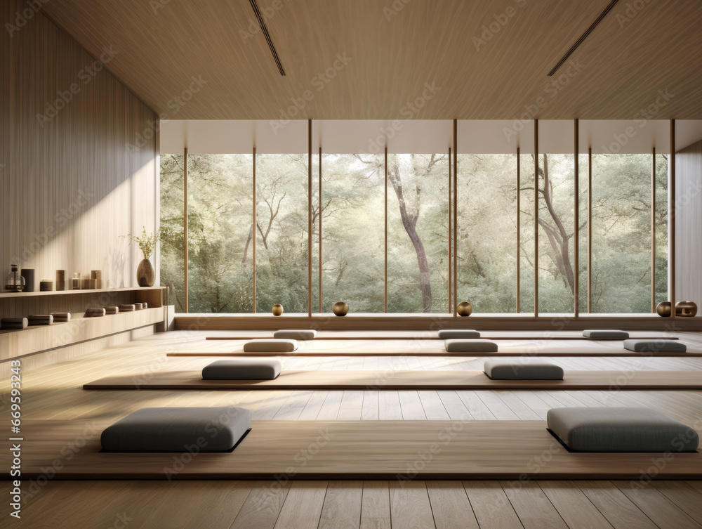 modern yoga room with wooden floor and natural view. Generative AI