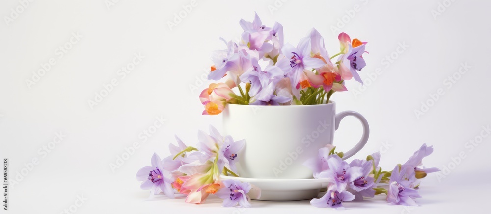 Spring flowers bloom in cups of white