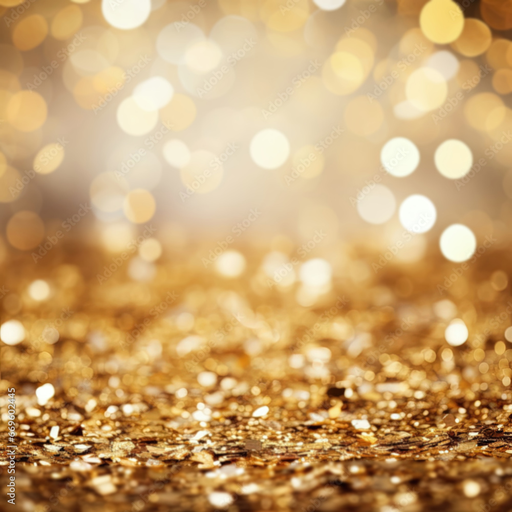 Golden blurred background with a bokeh effect and confetti. An abstract luxurious festive backdrop. Generative ai.