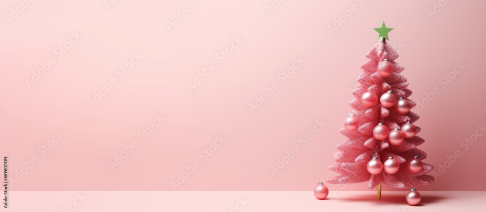 Pink Christmas bells on a tree branch pink background Christmas card