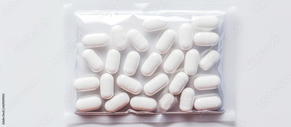 White backdrop with sealed medicine tablet