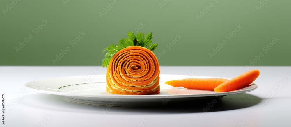 White plate with carrot roulette on it with a green table cloth and brown table in the background