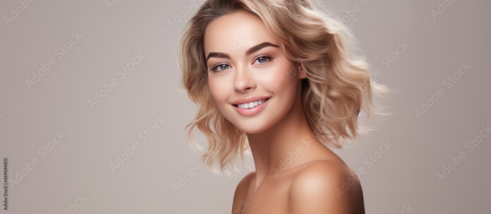 Flawless female model with radiant complexion nourished face after spa treatment white background