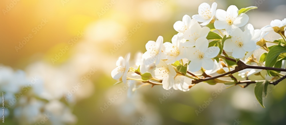 Spring sunlight illuminating white flowers