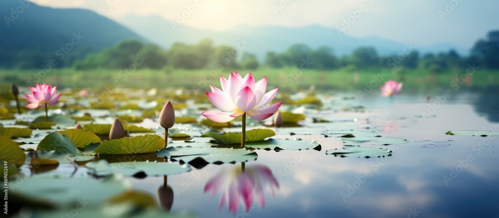 Lotus flower blossoming beneath lotus covered lake