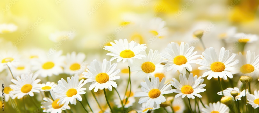 Blurred artistic backdrop of chamomile blooms