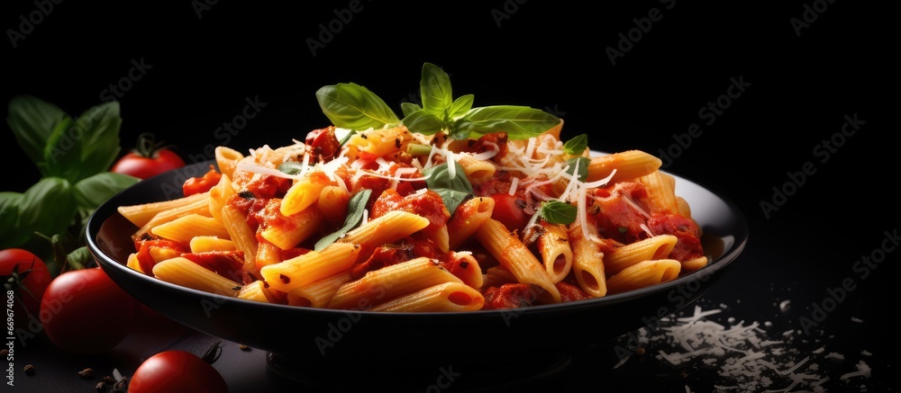 Spicy pasta on dark background