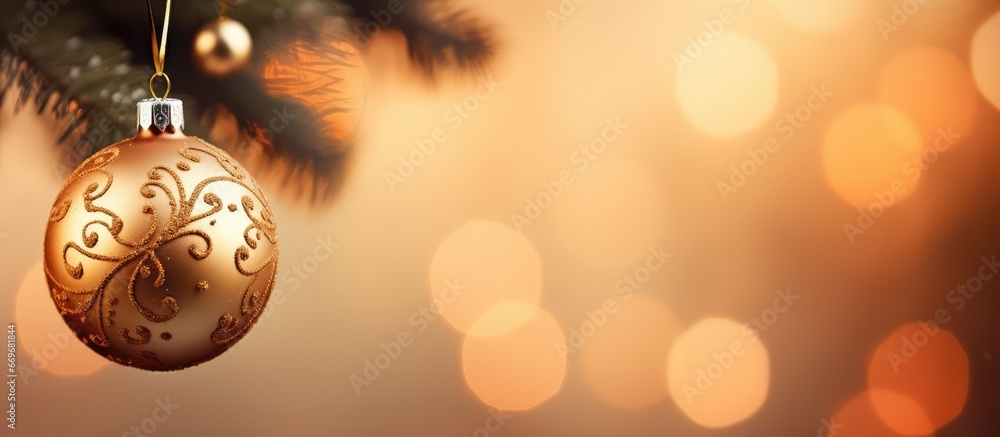 Decorative gold Christmas ornament on a blurry tree backdrop