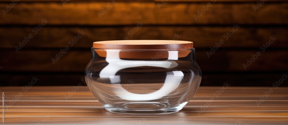 Wooden table with empty bowl and lid nearby