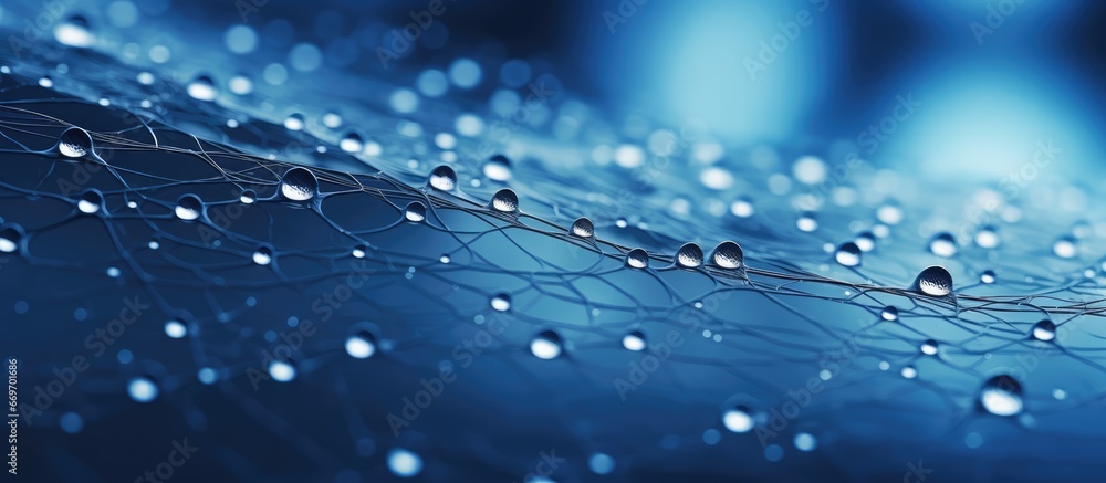 Spiderweb abstract background with blue toned natural backdrop and waterdrops on thin connected threads